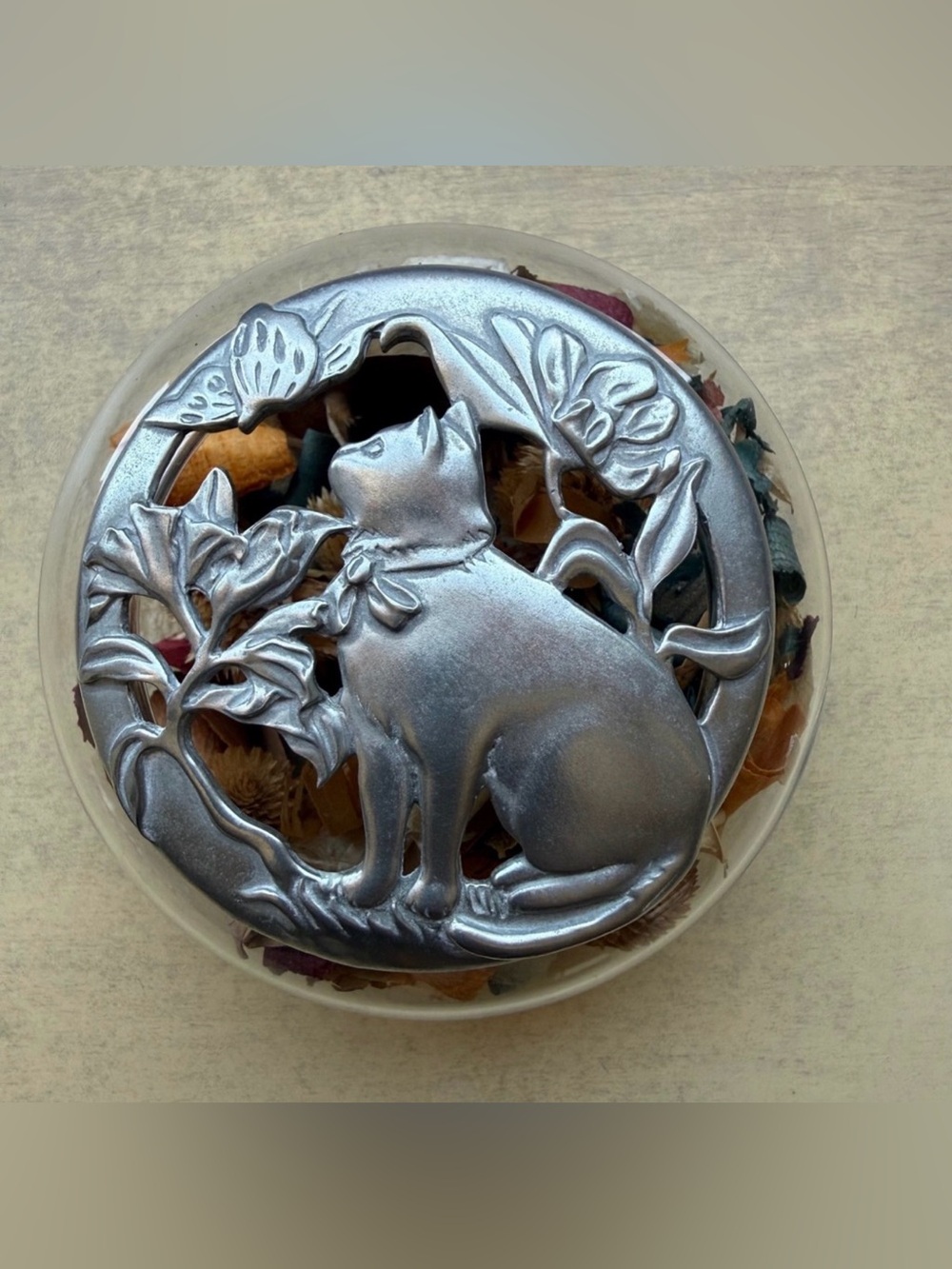 Seagull Pewter Potpourri Jar Cat Floral Lid Vintage 1988 Silver Clear Excellent
